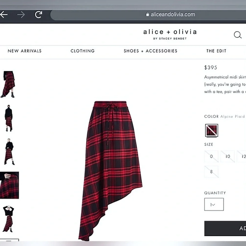 Alice + Olivia Natalina Plaid High-Low Asymmetrical Red Black Midi Skirt